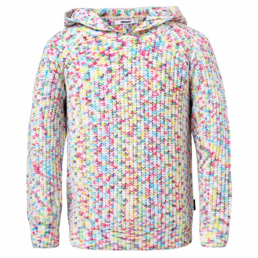 DKNY Chenille Girls' Pullover Sweater with Hood Confetti Pattern Extra Small 5/6